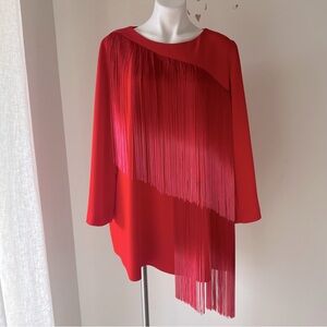 VINTAGE RED A LINE MINI DRESS WATERFALL OMBRÉ FRINGE FRONT SIZE L EUC ITALY MADE